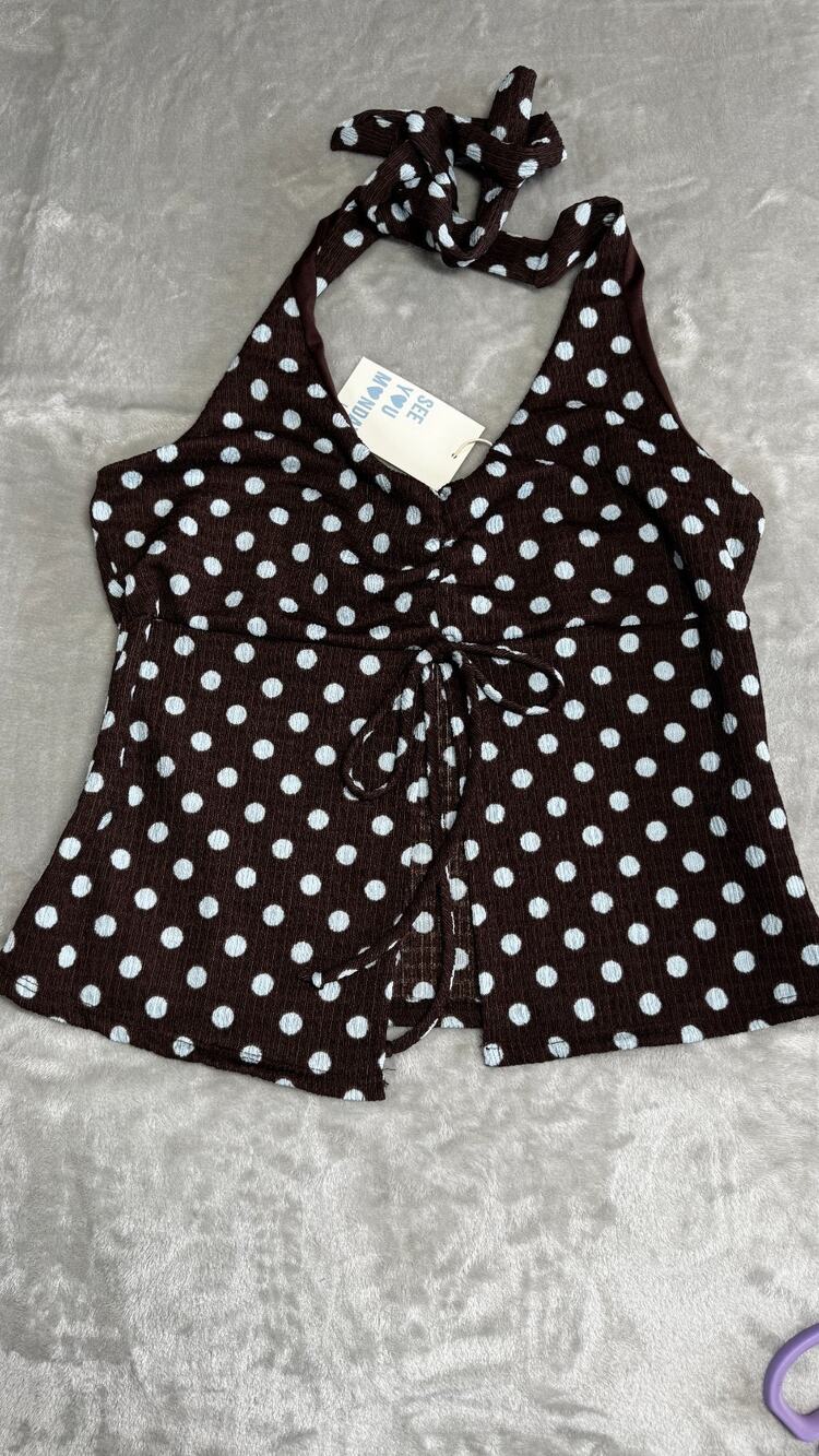 See You Monday NEW Halter Crop Top Women XL Brown Blue Dot Front Split VNeck Tie